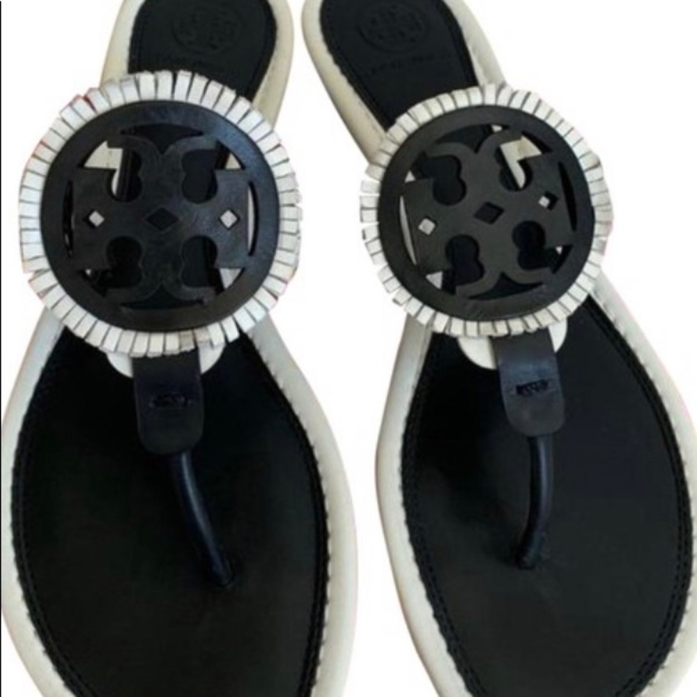 Tory Burch white Miller fringe slides